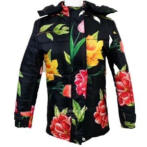 NWT Abbraci Black Floral Hooded Puffer Coat Small